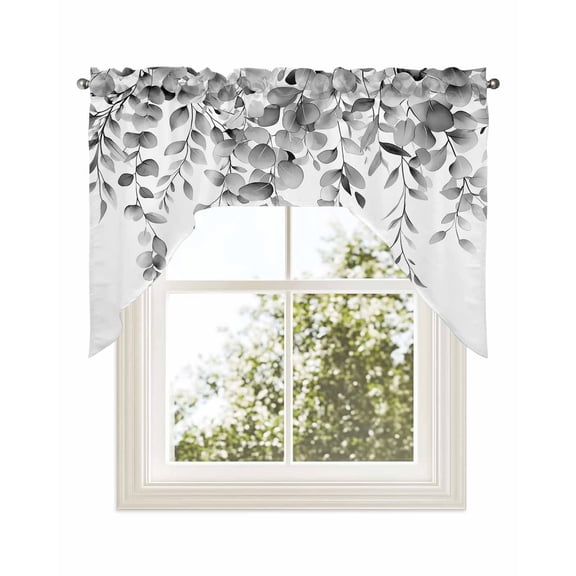 Grey Eucalyptus Kitchen Swag Valance for Window,Rod Pocket Short Kitchen Curtains&nbsp;36 Inch Length,Botanical Leaves Aesthetics Flowers Swag Topper Small Window Treatment for Cafe Bathroom Bedroom