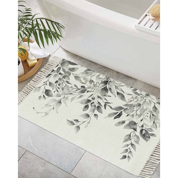 Grey Eucalyptus Leaves Bath Rug 2x3ft Woven Bathroom Entryway Runner Rug,Watercolor Weeping Botanical Washable Living Room Hallway Bedroom Kitchen Carpet with Tassels,Indoor Outdoor Throw Doormat