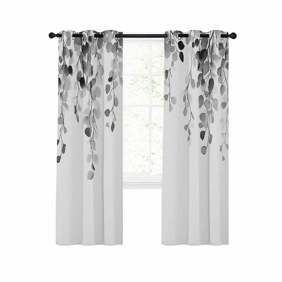 Grey Eucalyptus Leaves Blackout Curtains 39 Inches Long for Bedroom, Summer Botanical Farmhouse Thermal Insulated Room Darkening Black Out Window Curtain Panels Grommet Drapes for Living Room