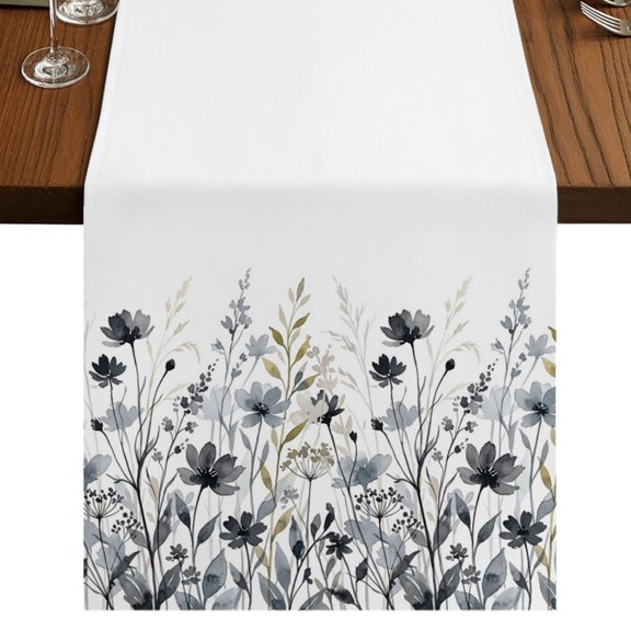 Grey Eucalyptus Leaves Burlap Cotton Table Runner 13x36 Inches Short, Farm Wildflowers Country Plants Farmhouse Table Runners, Outdoor Dining Table Decor for Baby Shower/Party/Wedding