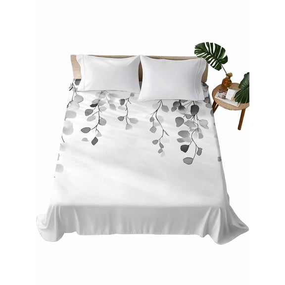 Grey Eucalyptus Leaves Flat Sheet Only Twin Size, Soft Breathable Bed Top Sheets for Mattress, Weeping Spring Botanical Summer Luxury Bedding Flat Sheets for Home Hotel Bedroom Bed Protection