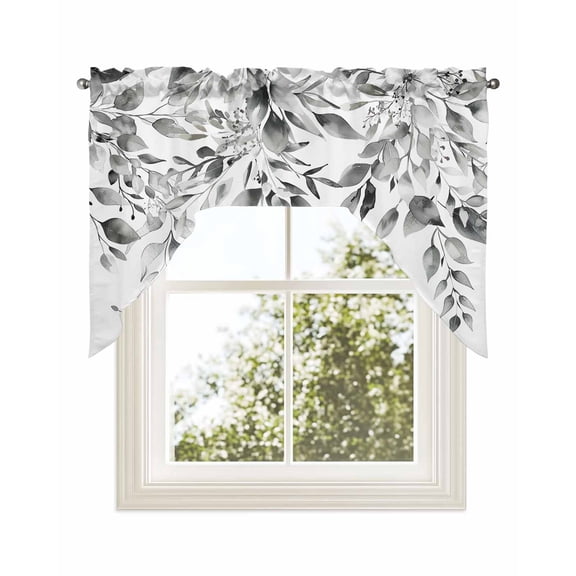 Grey Eucalyptus Leaves Kitchen Swag Valance for Window,Rod Pocket Short Kitchen Curtains 36 Inch Length,Watercolor Weeping Botanical Swag Topper Small Window Treatment for Cafe Bathroom Bedroom