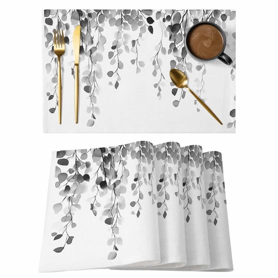 Grey Eucalyptus Leaves Placemats Set of 4, Cotton Linen Fabric Place Mats, Weeping Spring Botanical Summer Washable Decorative Table Mats Protector for Home Kitchen Dining Wedding Party Coffee Tables