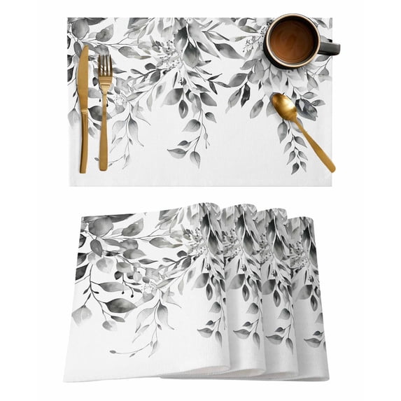 Grey Eucalyptus Leaves Placemats Set of 4, Watercolor Weeping Botanical Placemats for Dining Table, Place Mats for Kitchen Tabletop, Waterproof Wipeable Dining Table Mats Set