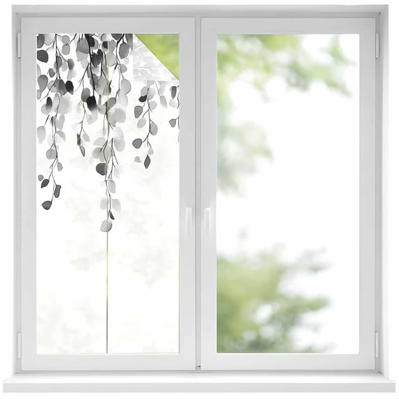 Grey Eucalyptus Leaves Privacy Window Film, Decorative Frosted Glass Window Film, Weeping Spring Botanical Summer Reusable Peel and Stick Static Cling for Home Bathroom Office Glass Door 17.7"x39.3"