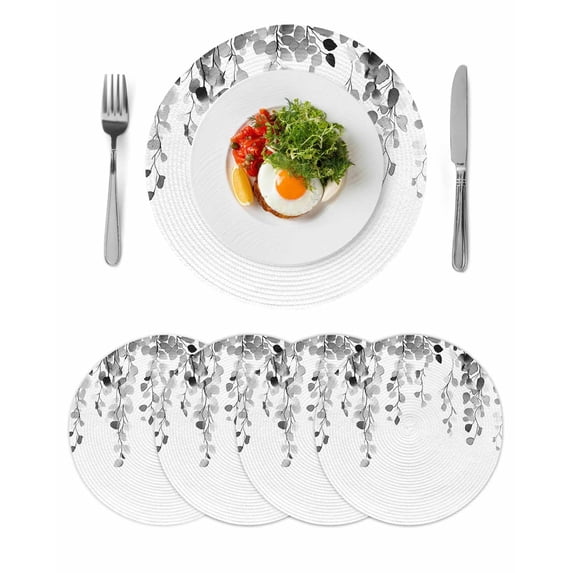 Grey Eucalyptus Leaves Round 13 Inch Placemats Set of 4, Weeping Spring Botanical Summer HeatResistant Non Slip Place Mats for Dining Table, Wipeable Braided Kitchen Table Mats for Housewarming