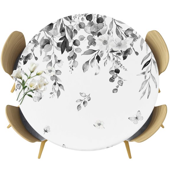 Grey Eucalyptus Leaves Round Tablecloth 36-44 Inch Round Fitted Table Cloth with Elastic Edge, Summer Botanical Weeping Leaf Waterproof Table Cover Protector for Outdoor Picnic Party Dining