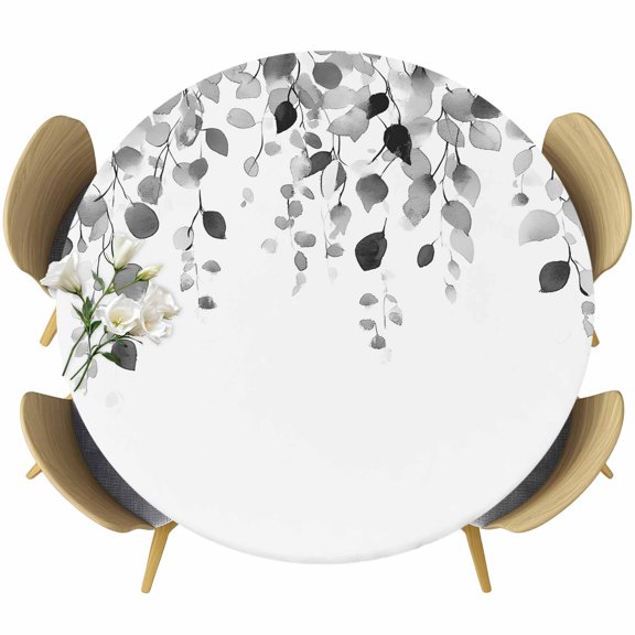 Grey Eucalyptus Leaves Round Tablecloth 36-44 Inch Round Fitted Table Cloth with Elastic Edge, Summer Farmhouse Leaf Waterproof Table Cover Protector for Outdoor Picnic Party Dining