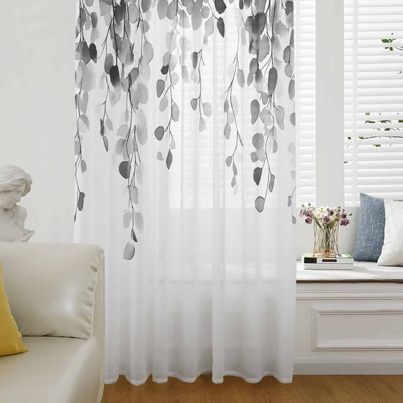 Grey Eucalyptus Leaves Semi Sheer Curtains Drapes for Living Room, Bedroom, French Doors Window 45 Inches Long, Weeping Spring Botanical Summer Rod Pocket Chiffon Curtain Drapery Voile Drape Panel