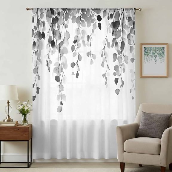 Grey Eucalyptus Leaves Sheer Curtains 45 Inches Long, Weeping Spring Botanical Summer Light Filering Curtains, Breathable Simi Curtain Privacy Drapes for Kitchen Bathroom Small Window Treatment