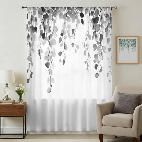 Grey Eucalyptus Leaves Sheer Curtains 45 Inches Long, Weeping Spring Botanical Summer Light Filering Curtains, Breathable Simi Curtain Privacy Drapes for Kitchen Bathroom Small Window Treatment