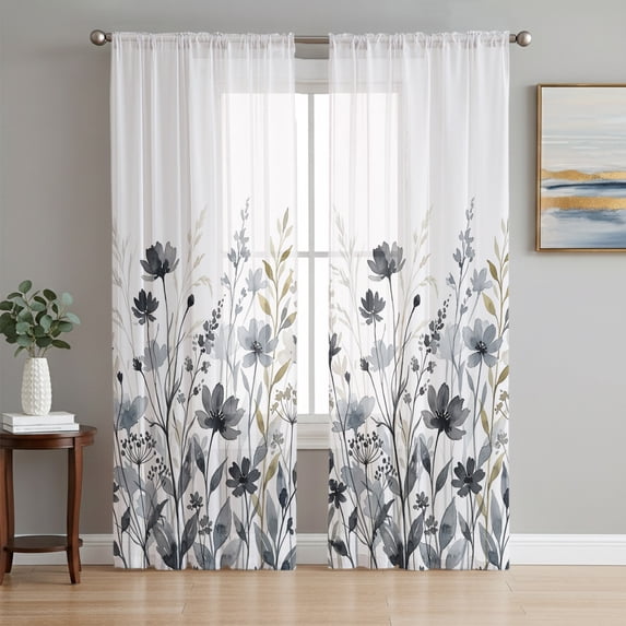 Grey Eucalyptus Leaves Sheer Curtains 63 Inch Length 2 Panels Set, Farm Wildflowers Country Plants Voile Window Treatment Rod Pocket Curtains Sheers Drapes for Bedroom/Living Room/Kitchen 52x"63"x2
