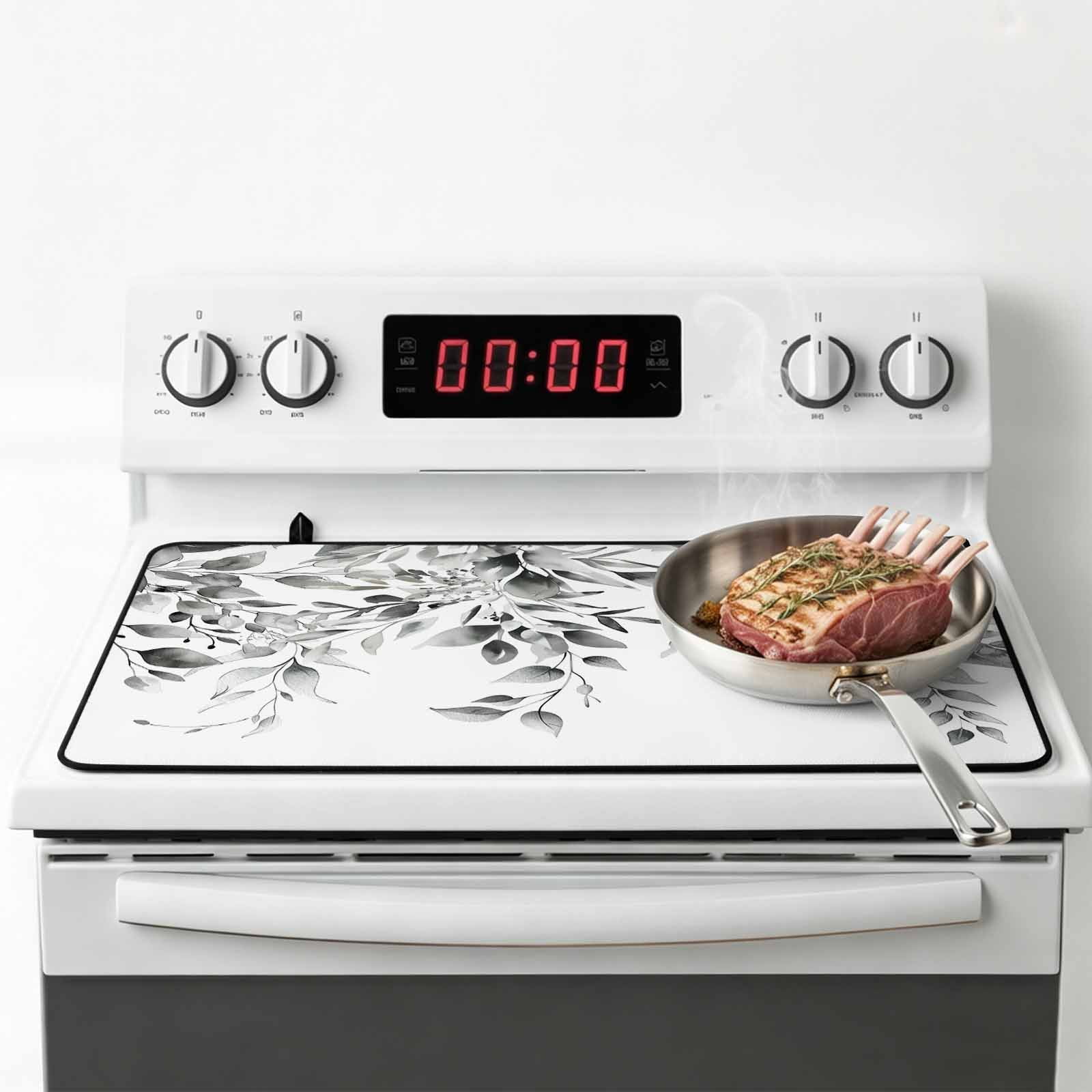 Grey Eucalyptus Leaves Stove Top Cover for Electric Stove, Heat-proof & Non Slip Glass Top Stove Cover Protector, Watercolor Weeping Botanical Kitchen Flat Cooktop Rubber Mat 24x21 Inches