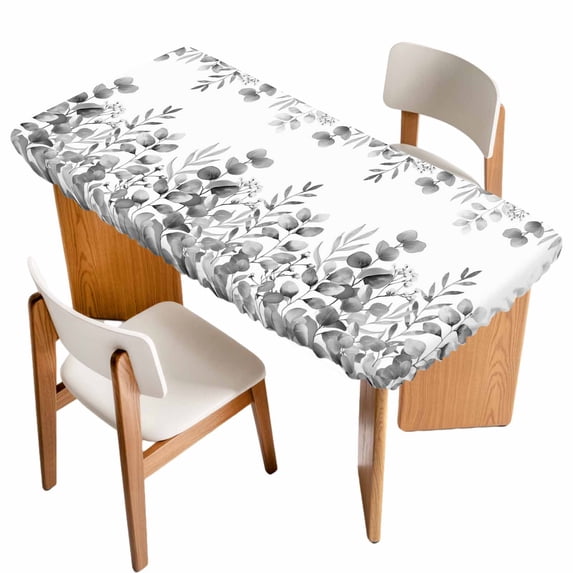 Grey Eucalyptus Leaves Table Cloths for 4 Foot Rectangle Tables, Watercolor Spring Summer Botanical Patio Waterproof Elastic Fitted Tablecloths, Washable Rectangular Table Cover for Camping