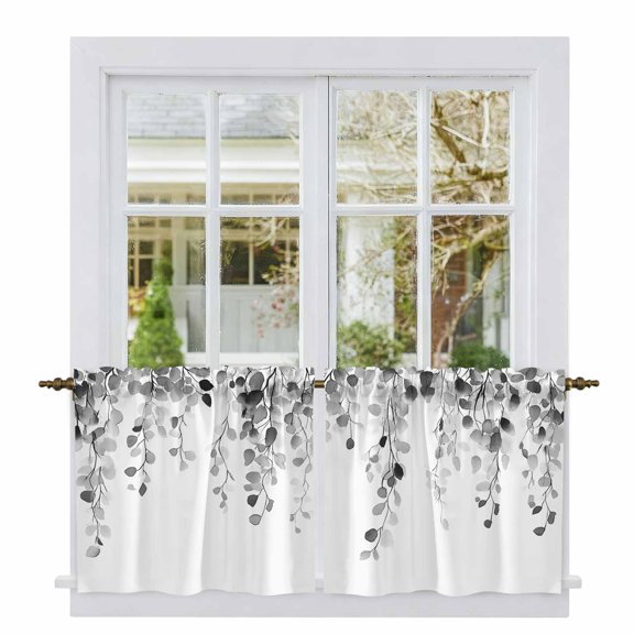 Grey Eucalyptus Leaves Tier Curtains, Weeping Spring Botanical Summer Light Filtering Kitchen Curtains, 2Pcs Rod Pocket Half Window Treatments Panels for Sink Cafe Cabinet Camper 27.5x24 Inches