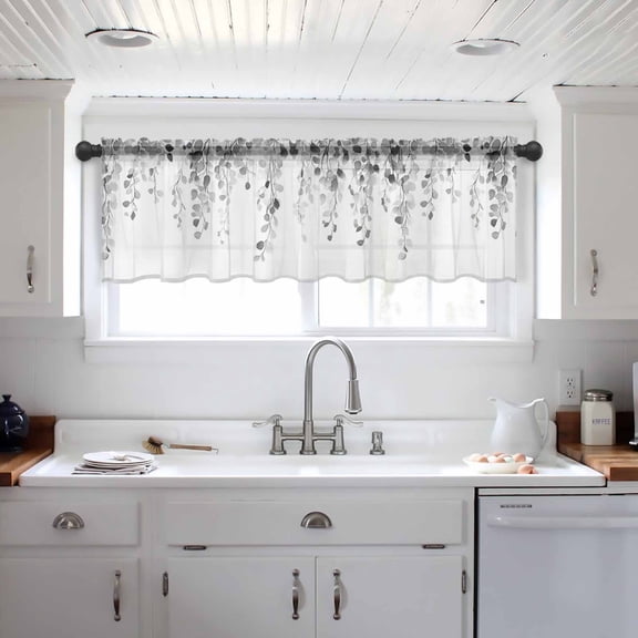 Grey Eucalyptus Leaves Valance Curtains for Kitchen/Living Room/Bathroom/Bedroom Window, Weeping Spring Botanical Summer Rod Pocket Small Topper Half Short Window Curtains Voile Sheer Scarf 54"x18"