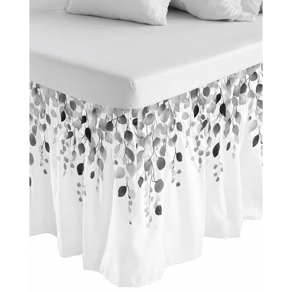 Grey Eucalyptus Leaves Wrap Around Bed Skirts for Queen Bed 18" Drop, Bed Skirt with Adjustable Elastic Belt Dust Ruffle Bed Valance for Bedroom Hotel Luxury Summer Farmhouse Leaf Bed Frame Cover