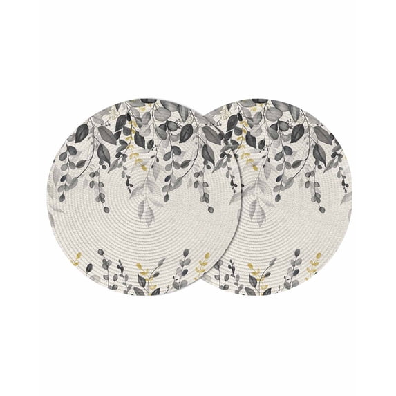 Grey Eucalyptus Round 13 Inch Placemats Set of 2, Farmhouse Weeping Leaves on Linen HeatResistant Non Slip Place Mats for Dining Table, Wipeable Braided Kitchen Table Mats for Housewarming