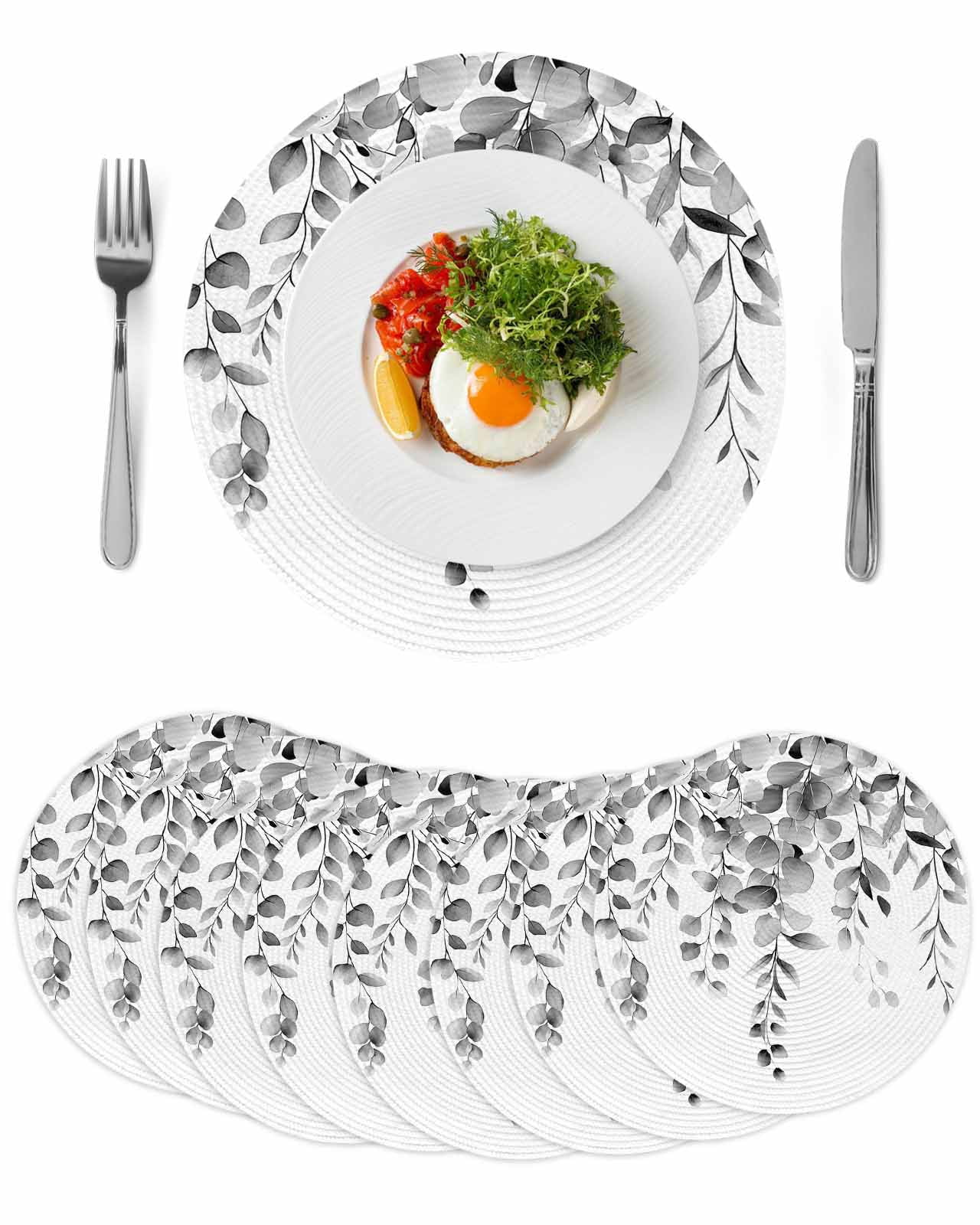 Grey Eucalyptus Round 13 Inch Placemats Set of 8, Botanical Leaves ...