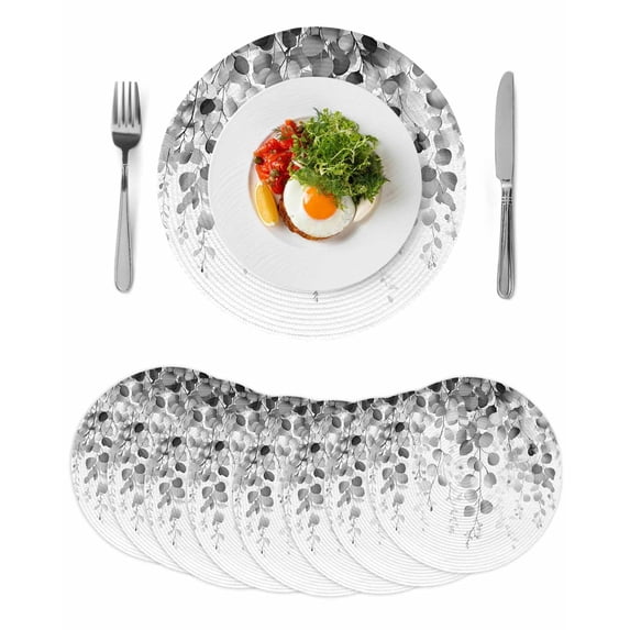 Grey Eucalyptus Round 13 Inch Placemats Set of 8, Spring Botanical Weeping Plant Aesthetic HeatResistant Non Slip Place Mats for Dining Table, Wipeable Braided Kitchen Table Mats for Housewarming
