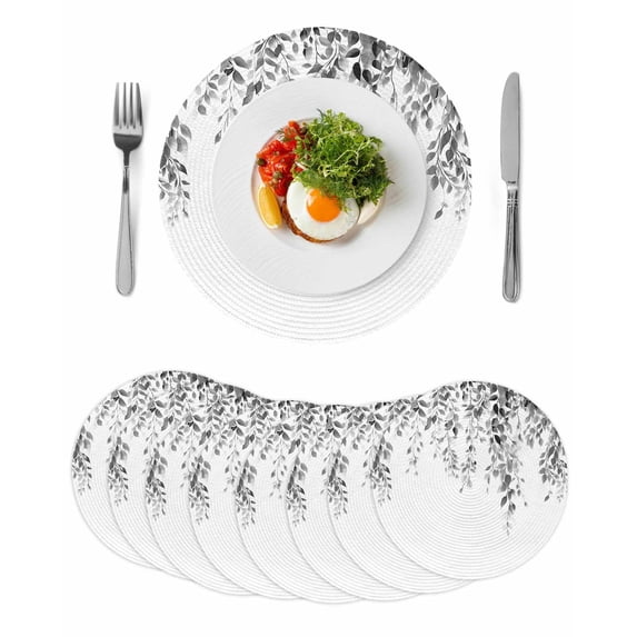 Grey Eucalyptus Round 13 Inch Placemats Set of 8, Weeping Botanical Leaf Watercolor HeatResistant Non Slip Place Mats for Dining Table, Wipeable Braided Kitchen Table Mats for Housewarming
