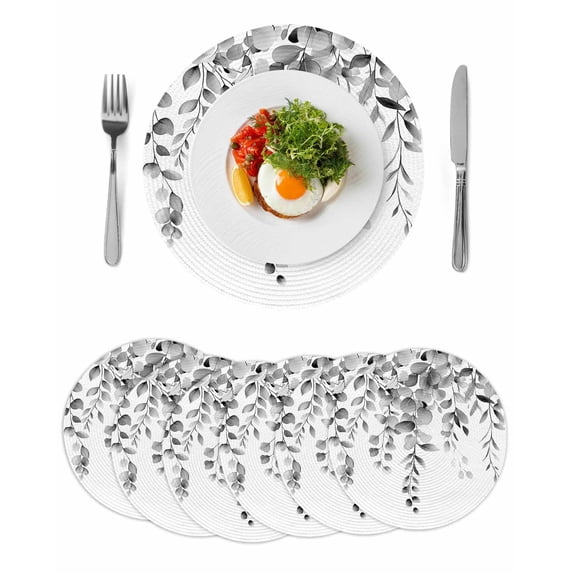Grey Eucalyptus Round 15 Inch Placemats Set of 6, Botanical Leaves Aesthetics Flowers HeatResistant Non Slip Place Mats for Dining Table, Wipeable Braided Kitchen Table Mats for Housewarming