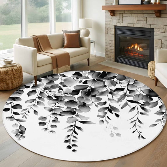 Grey Eucalyptus Round Area Rug 7 FT, Non Slip Living Room Area Carpet, Gradient Retro Watercolor Leaves Washable Soft Circular Rug Non-Shedding Floor Carpet for Bedside Office Play Room Classroom