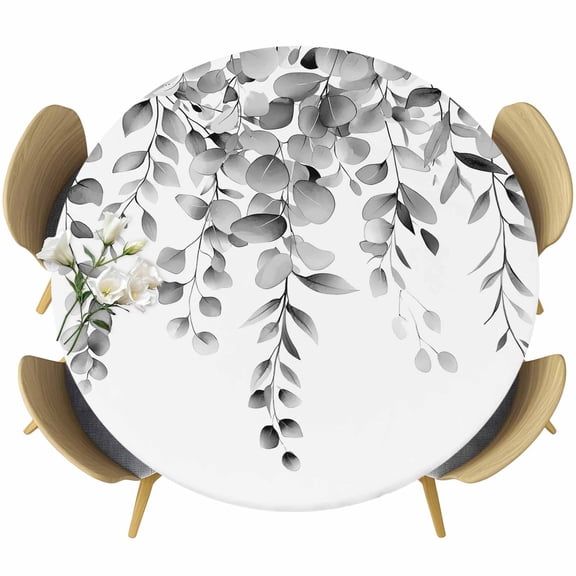 Grey Eucalyptus Round Tablecloth 36-44 Inch Round Fitted Table Cloth with Elastic Edge, Botanical Leaves Aesthetics Flowers Waterproof Table Cover Protector for Outdoor Picnic Party Dining