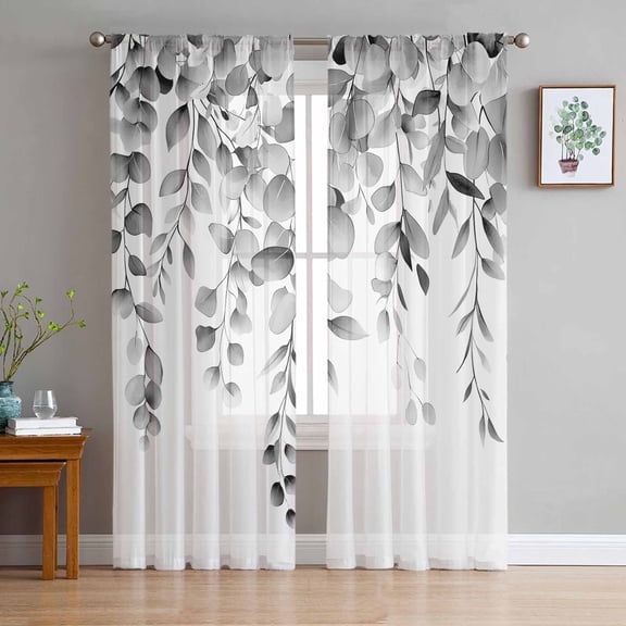 Grey Eucalyptus Semi Sheer Curtains 63 Inch Length 2 Panels Set, Botanical Leaves Aesthetics Flowers Sheer Kitchen Curtain Privacy Voile Window Curtain for Living Room Bedroom Rod Pocket Drapes