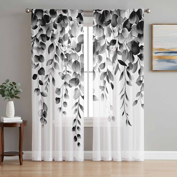 Grey Eucalyptus Semi Sheer Curtains 72 Inch Length 2 Panels Set, Gradient Retro Watercolor Leaves Sheer Kitchen Curtain Privacy Voile Window Curtain for Living Room Bedroom Rod Pocket Drapes