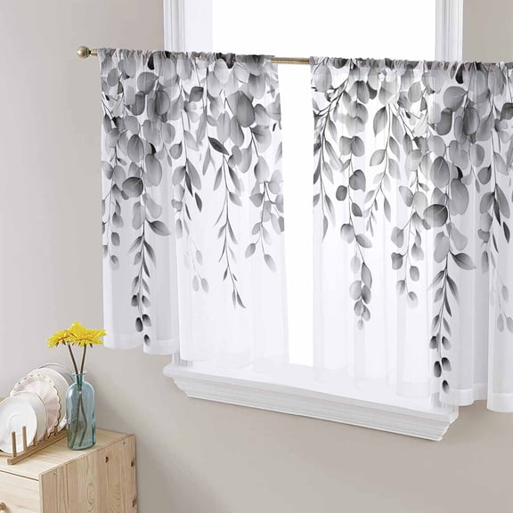 Grey Eucalyptus Sheer Curtains 54 Inches Length 2 Panels Set, Window Sheer Curtains for Living Room/Bedroom, Botanical Leaves Aesthetics Flowers Light Filtering Rod Pocket Curtain 52'' x 54'' x 2