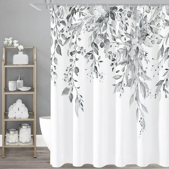 Grey Eucalyptus Shower Curtain, Watercolor Plant Leaves with Floral Bathroom Curtain Set, Gray White, 72x72