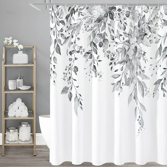 Grey Eucalyptus Shower Curtain, Watercolor Plant Leaves with Floral Bathroom Shower Curtain Set with Hooks, Gray White, 72x72