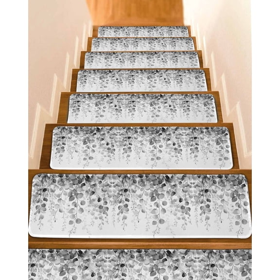 Grey Eucalyptus Stair Treads for Wooden Steps Indoor Runner Rug Carpet, Spring Botanical Weeping Plant Aesthetic 15 Pieces Peel and Stick Staircase Step Treads Covers Washable Throw Door Mats, 30"x8"