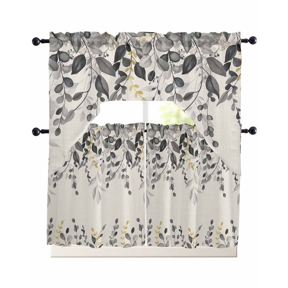 Grey Eucalyptus Swag Curtains for Living Room/Bedroom Windows, Farmhouse Weeping Leaves on Linen Kitchen Curtains and Valances Set 36 Inch Length, Light Filtering Swags Valance Curtain Panels