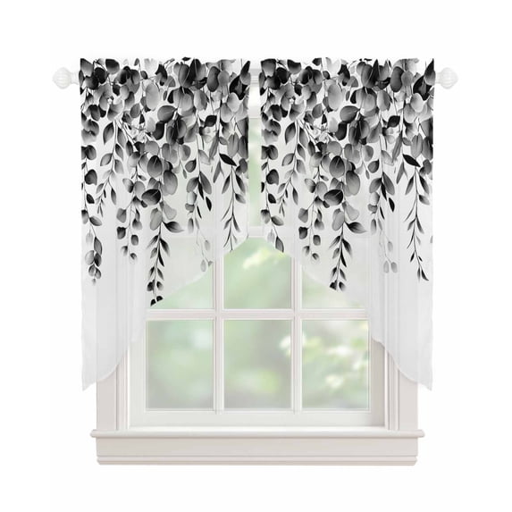 Grey Eucalyptus Swag Valances for Windows, Gradient Retro Watercolor Leaves Rod Pocket Sheer Valances for Small Windows, Swag Toppers Light Filtering for Kitchen Living Room 2 Panels 28''x36''