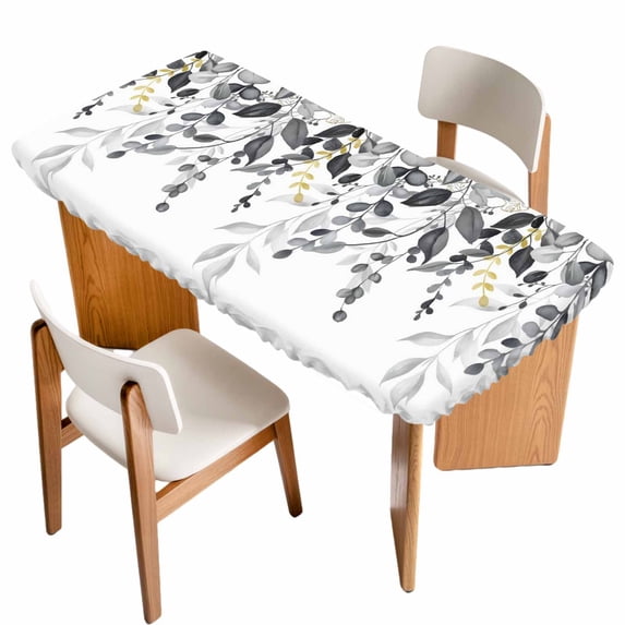 Grey Eucalyptus Table Cloths for 4 Foot Rectangle Tables, Watercolor Spring Weeping Botanical Patio Waterproof Elastic Fitted Tablecloths, Washable Rectangular Table Cover for Camping