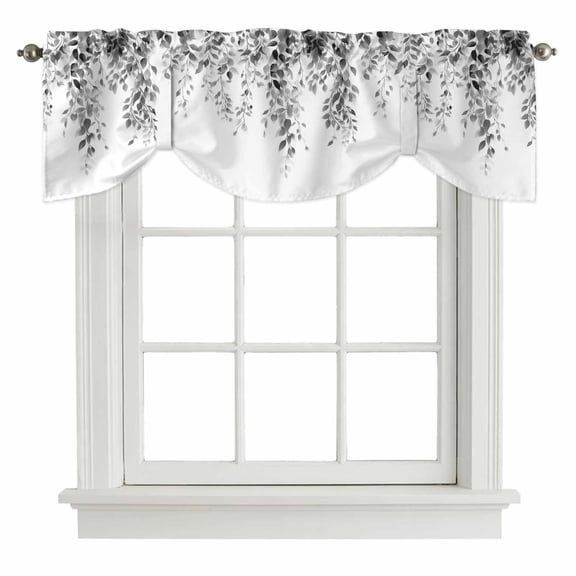 Grey Eucalyptus Tie Up Valance Curtains for Windows, Kitchen Curtains Window Shades, Weeping Botanical Leaf Watercolor Light Filtering Roman Curtain Valances for Bedroom/Bathroom/Cafe 42"x18"