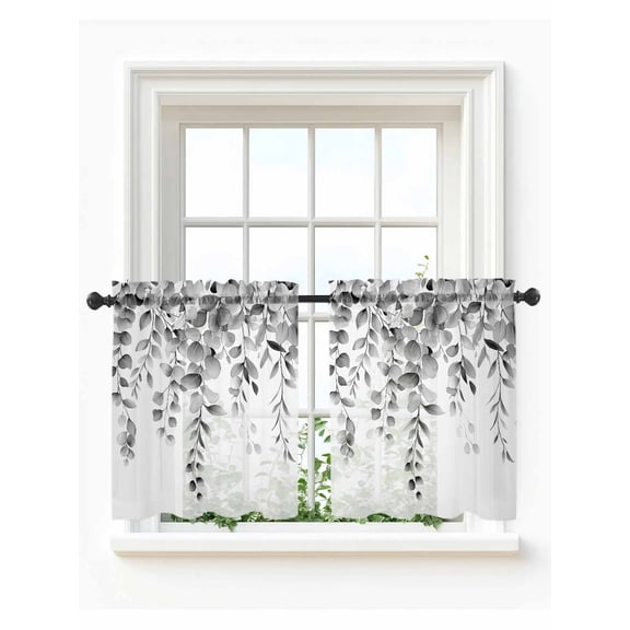 Grey Eucalyptus Tier Curtains 36 Inch Length,Sheer Curtains for Bedroom Living Room Window Botanical Leaves Aesthetics Flowers Rod Pocket Drapes Kitchen Curtains Small Half Window 27.5"x36" 2 Panels