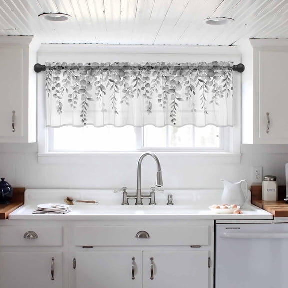 Grey Eucalyptus Valance Curtains for Kitchen/Living Room/Bathroom/Bedroom Window, Botanical Leaves Aesthetics Flowers Rod Pocket Small Topper Half Short Window Curtains Voile Sheer Scarf 54"x18"
