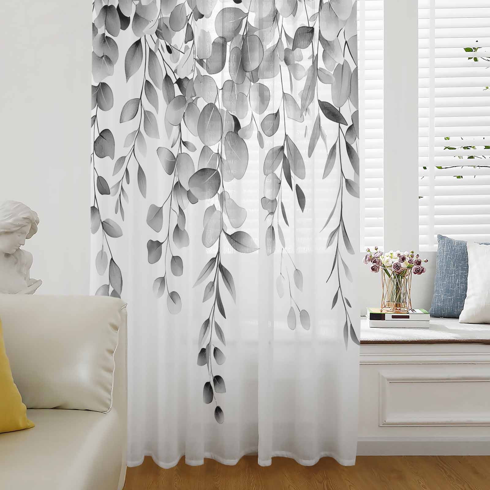 Grey Eucalyptus Window Curtain 45 Inches Long,Botanical Leaves ...