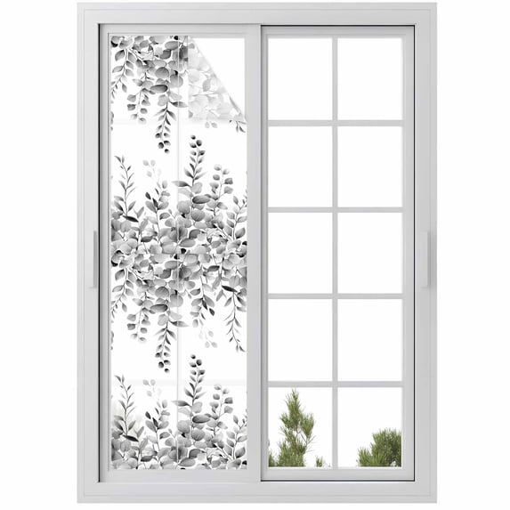 Grey Eucalyptus Window Privacy Film, Botanical Leaves Aesthetics Flowers Static Cling UV Sun Blocking Heat Control Window Tint Day and Night, Non-Adhesive One Way Windows Privacy Cover 17.7''x78.7''