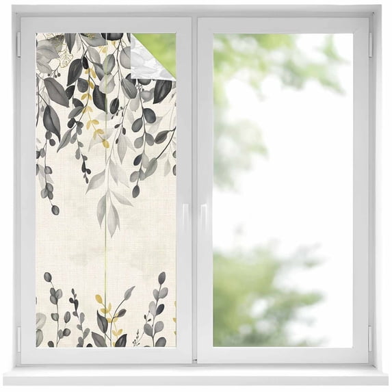 Grey Eucalyptus Window Privacy Film, Farmhouse Weeping Leaves on Linen Static Cling UV Sun Blocking Heat Control Window Tint Day and Night, Non-Adhesive One Way Windows Privacy Cover 17.7''x39.3''