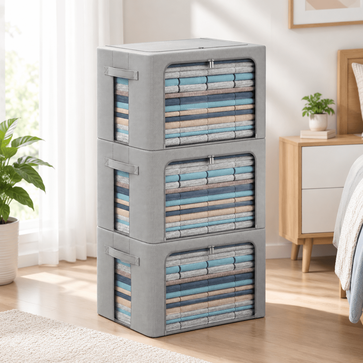 Grey Extra Large-100L 3-Pack Oxford Fabric Foldable Stackable Storage ...