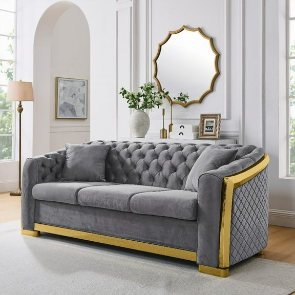 Grey Fabric 84 Inches Velvet Chesterfield 3 Seat Couch with Gold Stainless for Living Room