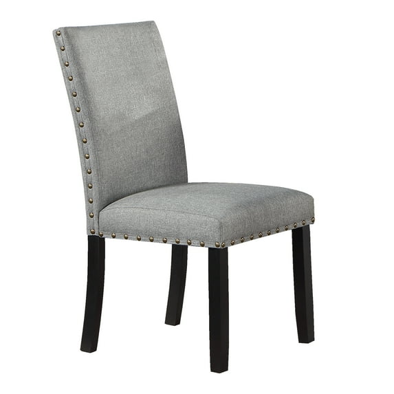 Grey Fabric Modern Set Of 2 Dining Chairs Plush Cushion Side Chairs Nailheads Trim Wooden Chair Kitchen Dining Room