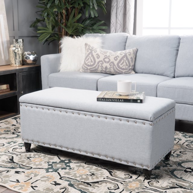 Grey Fabric Ottoman with Storage and Nailhead Trim Birch Wood Legs