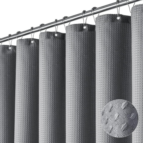 MY Grey Fabric Shower Curtain for Bathroom - Waffle Weave Textured Heavy Duty , 256GSM Hotel Luxury Weighted Cloth Bath Curtain Set with 12 Plastic Hooks,72x72, Grey/Gray