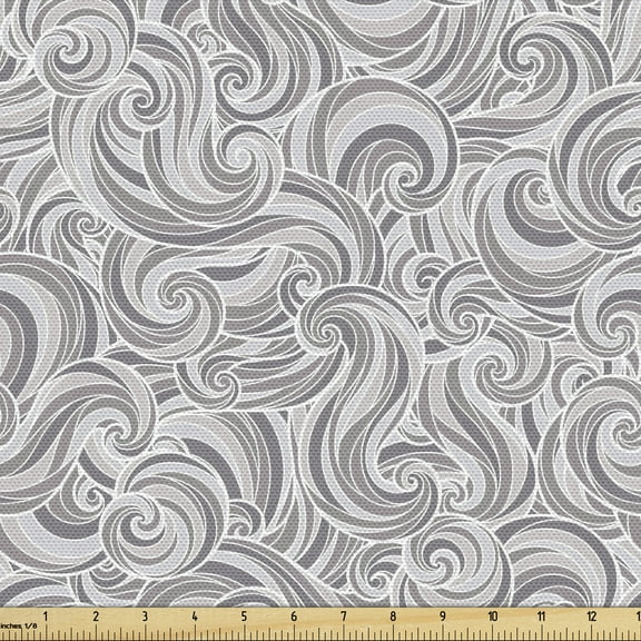 Grey Fabric by the Yard, Abstract Hand Drawn Curly Lines and Swirls in Grey Shades Retro Style Ornament of Waves, Decorative Upholstery Fabric for Chairs & Home Accents, 2 Yards, Grey by Ambesonne