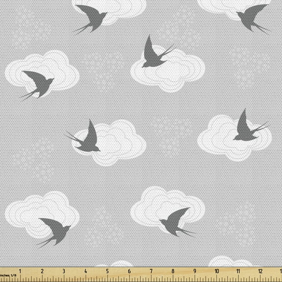 Ambesonne Grey Fabric by the Yard Upholstery, Swallow Birds Among Clouds, 5 Yards, Grey Pale Grey White